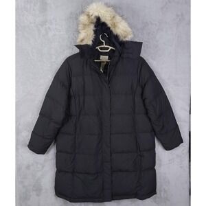 L.L.Bean Down Puffer Long Parka Coat Womens 3X Plus Black Faux Fur Hood DownTek